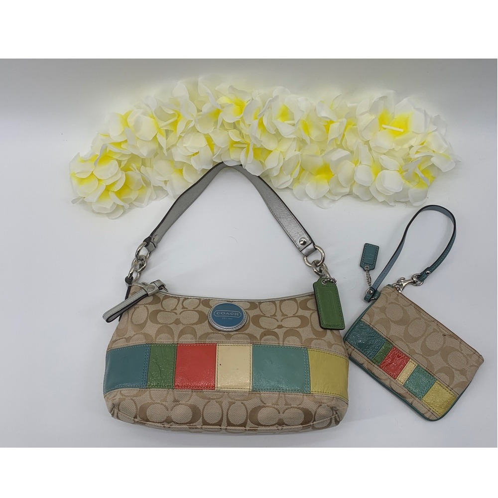 Y2K Coach Signature Canvas F17425 Multi Color Patchwork Shoulder Bag & Wristlet